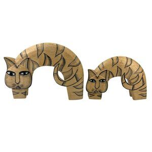 Laurel Burch Carved Wooden Cats Curved Folk Art Home Decor Unique Gift Vintage
